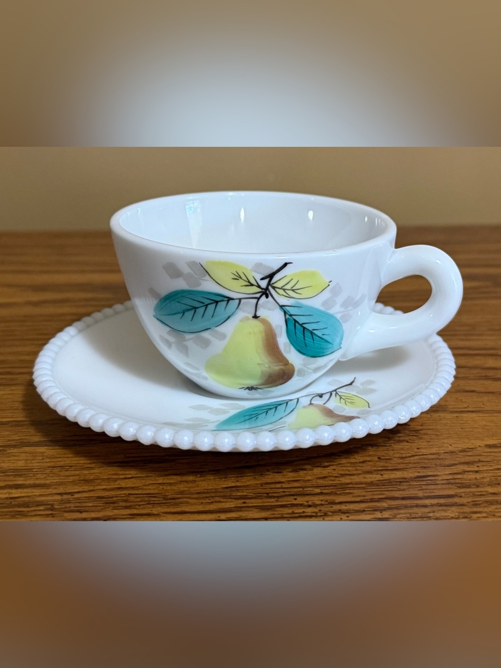Westmoreland Beaded Edge Milk Glass Tea Cup and Saucer W/Pear Design Vintage NWT